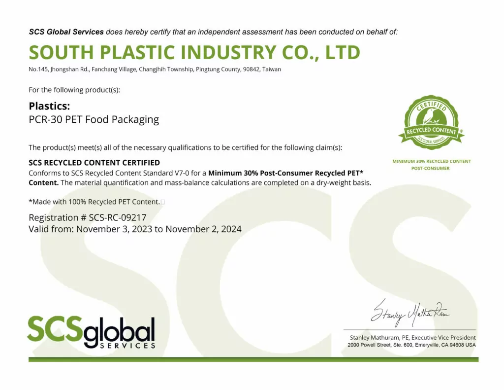 SCS RECYCLED CONTENT CERTIFIED Conforms to SCS Recycled Content Standard V7-0 for a Minimum 30% Post-Consumer Recycled PET* Content.