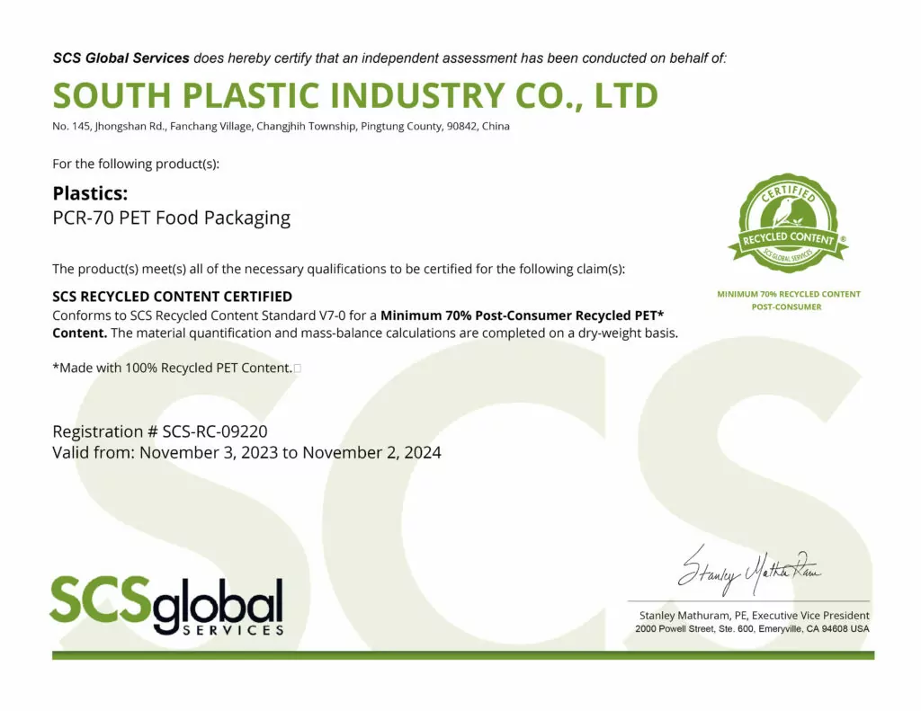 SCS RECYCLED CONTENT CERTIFIED Conforms to SCS Recycled Content Standard V7-0 for a Minimum 70% Post-Consumer Recycled PET* Content. The material quantification and mass-balance calculations are completed on a dry-weight basis.