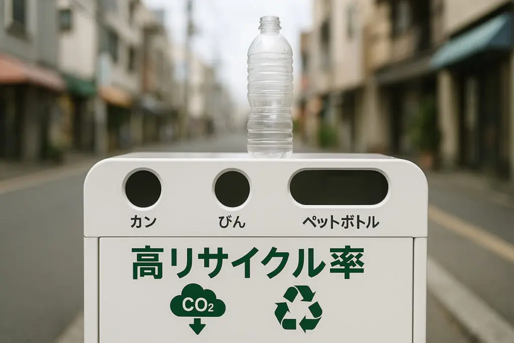 2025年の法改正で重要性が増す再生PET(rPET)容器。その元となる日本の高いリサイクル率を示す分別回収されたペットボトル。