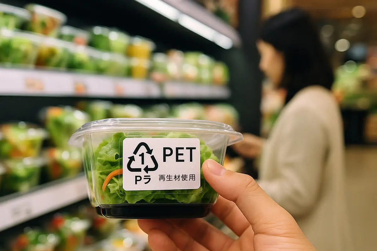 「再生材使用」と表示された食品用rPET容器。2025年6月に完全施行される食品接触材料規制に対応。
