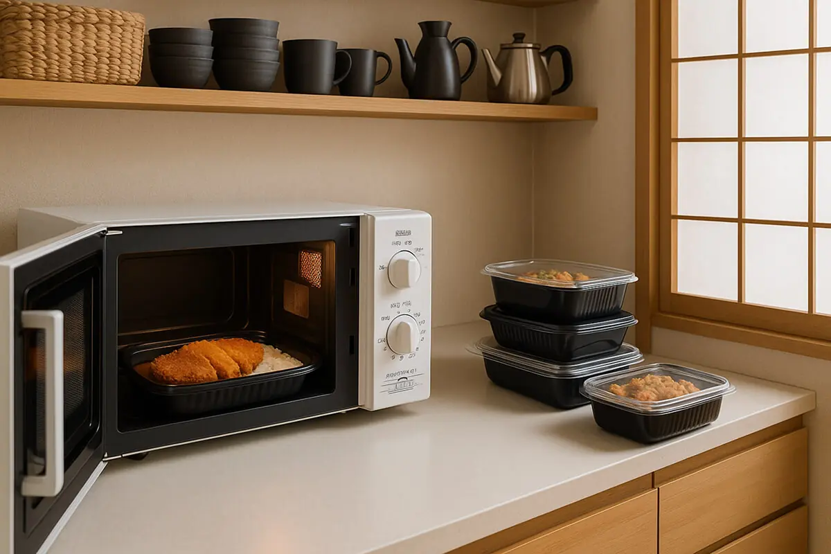 電子レンジで温めるテイクアウトの弁当と、キッチンカウンターに並べられた複数のプラスチック容器。
