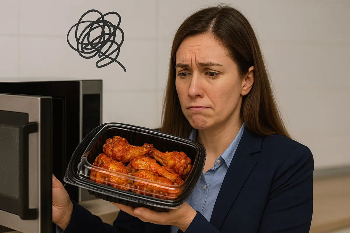 電子レンジの前でプラスチック容器を手に持ち、加熱による有害物質のリスクを懸念している女性。