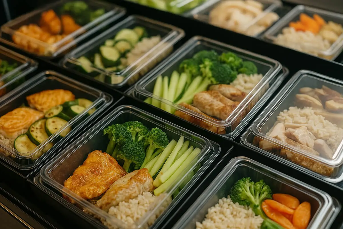 フードパックが現代の食習慣にもたらした利便性を示す、栄養バランスの取れた様々な惣菜パック。