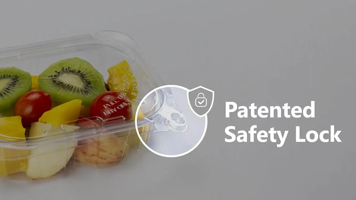 いたずら防止デザインのプラスチック容器。開封時に切れるタブが、安全・安心というメリットを視覚的に示す。