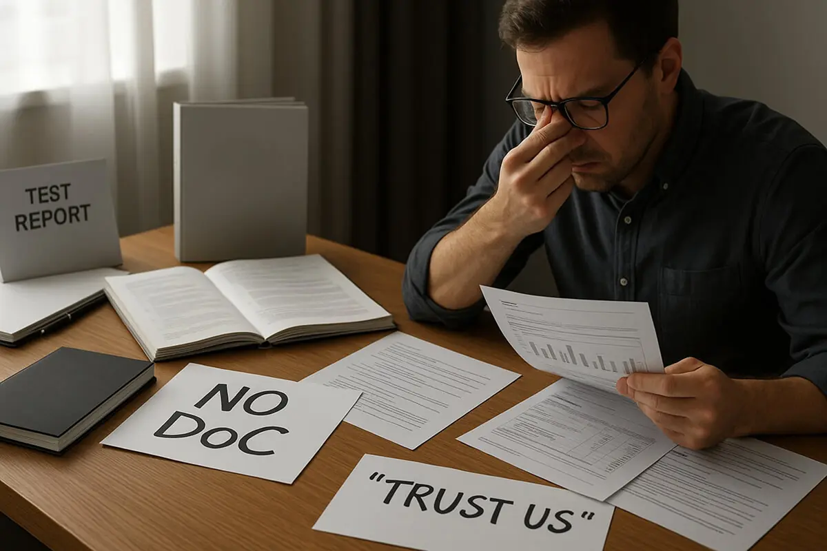 食品衛生法の容器包装規格基準において避けたいコンプライアンス上の落とし穴。不十分な書類や試験不足を示す警告イメージ。