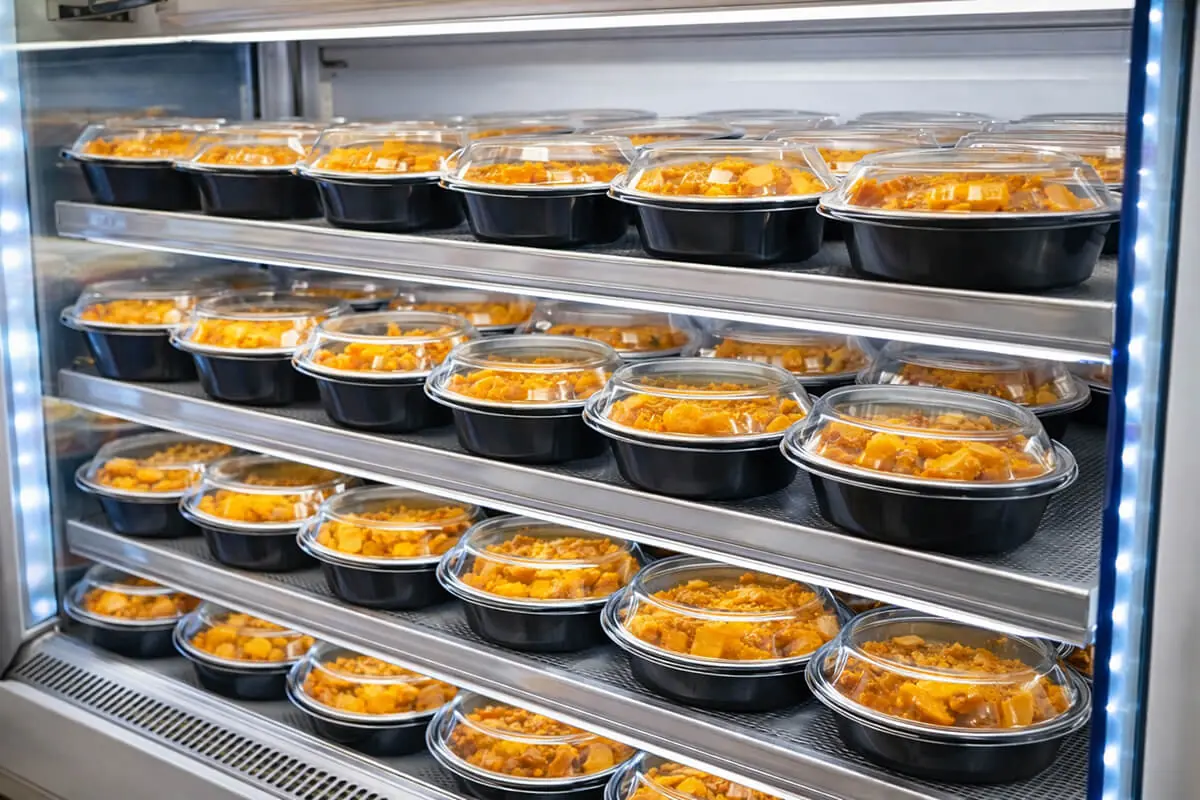 ショーケースに陳列された、中身が鮮明に見える高透明蓋付きのカレーテイクアウト容器。