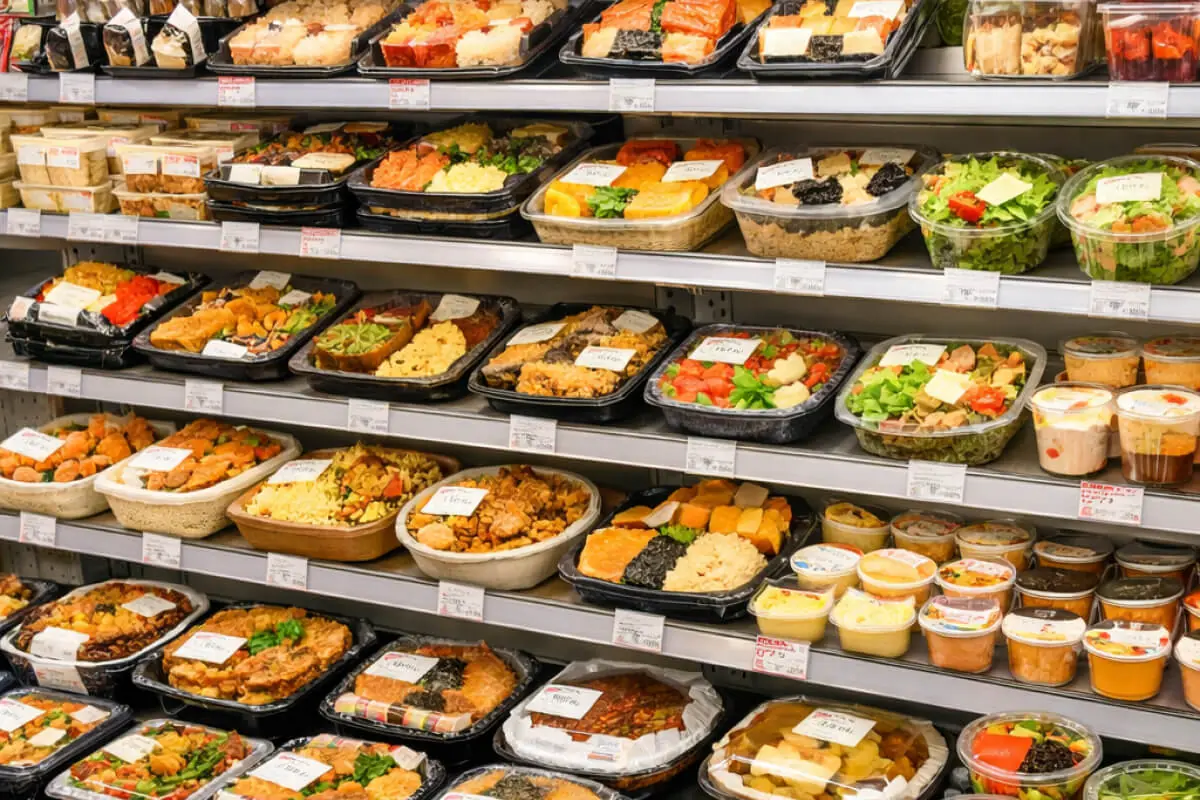 日本の高い品質基準を象徴する、スーパーの売場に並ぶ業務用プラスチック容器。中身の鮮度を伝える高い透明度と、整然とした陳列を実現。