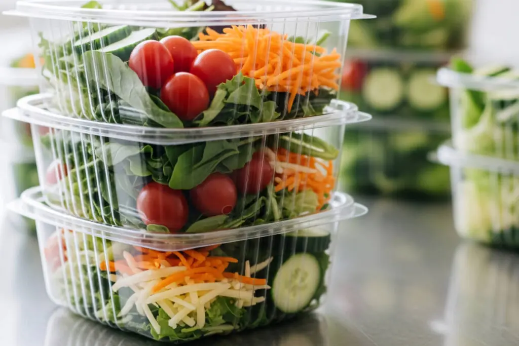 高い透明性を活かしたPET樹脂容器入りのサラダ。中身の鮮度が伝わる冷蔵陳列やデリ（惣菜）向けの活用例。