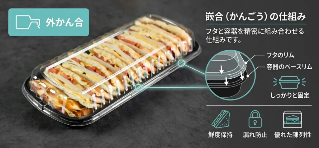 「嵌合（かんごう）」の仕組みを解説する図解。フタのリムと容器のベースリムが精密に噛み合い、鮮度保持や漏れ防止を実現する高品質な業務用食品容器。